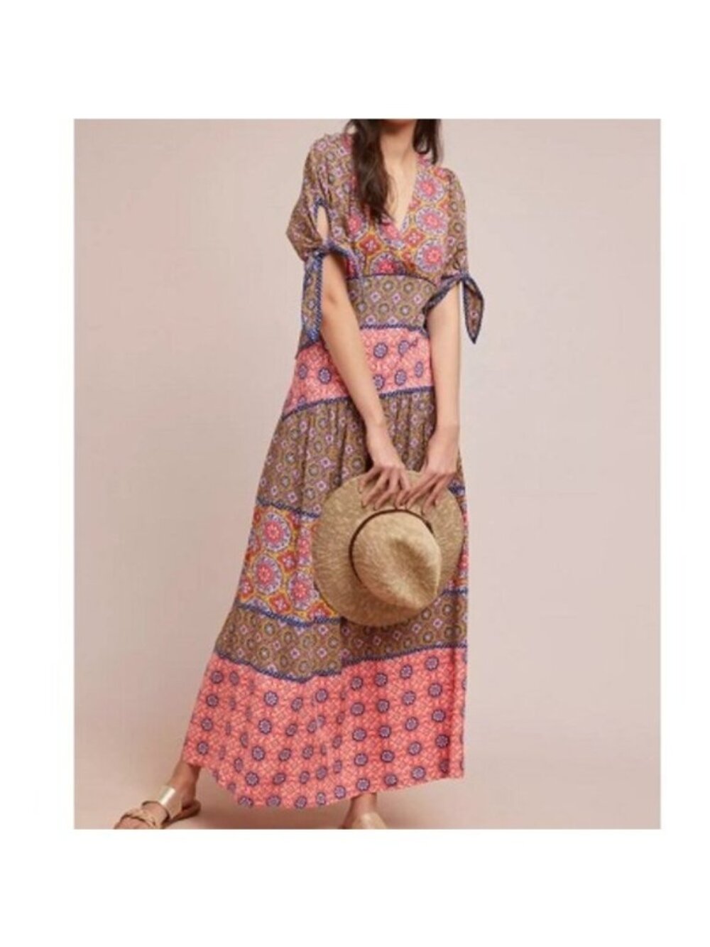 Anthropologie Maeve Eder Tiered Maxi Dress 4 Red Yellow Floral Print Boho 70s